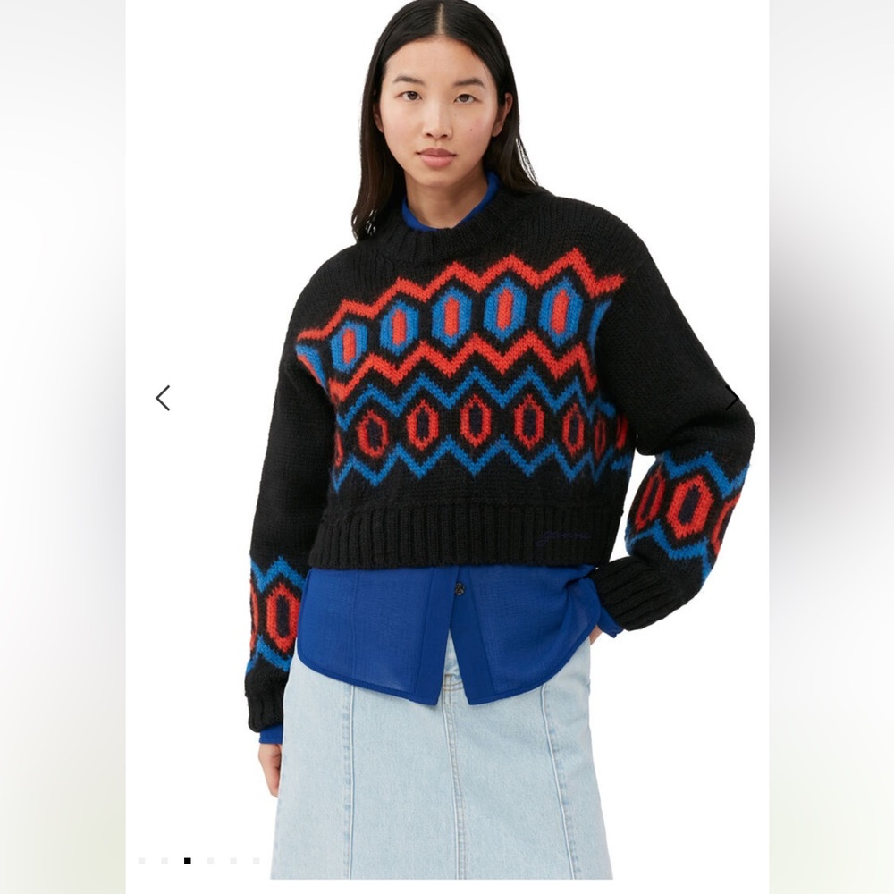Ganni BLACK CHUNKY WOOL CROPPED O-NECK SWEATER - XS